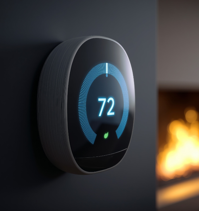 Smart thermostat set to 72 degrees, helping maintain safe and consistent home temperatures.